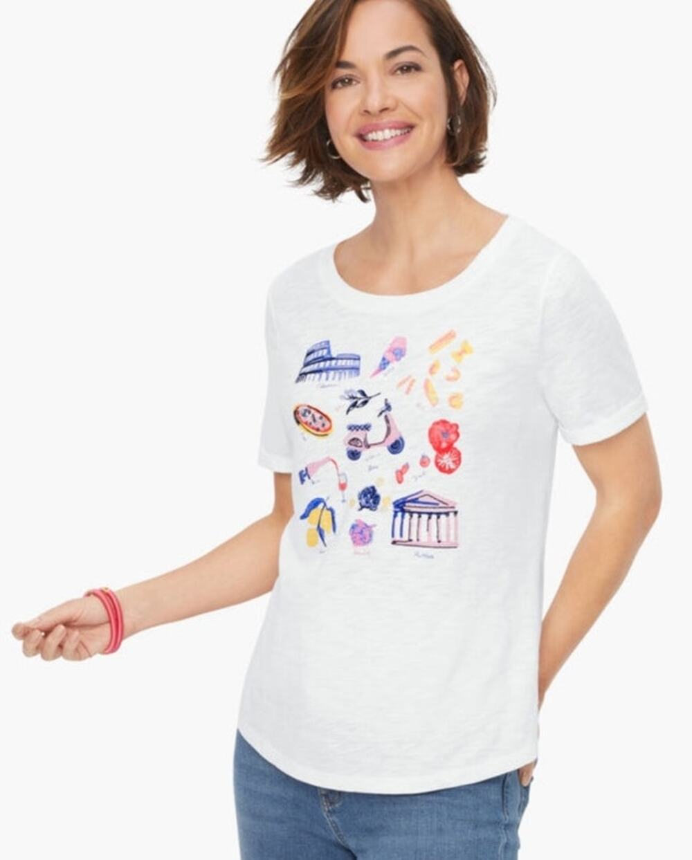Talbots Womens Iconic Italy Roll Sleeve White Cotton Crewneck Tee Shirt Sz Large
